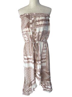 Blue Island Strapless Midi Dress Brown White Tie Waist Button-Up Elastic Hem L